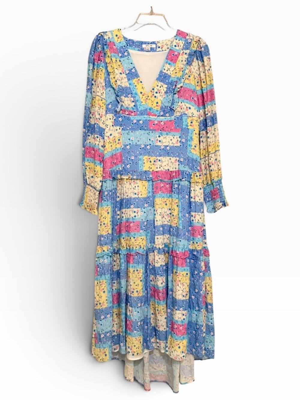 BTFL-life Patchwork Floral Tiered Maxi Dress Size S Boho Romantic Smocked Cuff